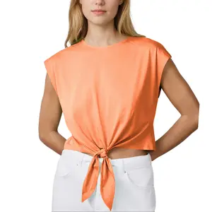 Talakeno Women's Summer Tank Top Crew Neck Cap Sleeve Tie Front Ruched Pullover Crop Tee Shirts Blouse Solid Color Loose Fit Breathable