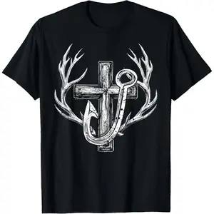 Cotton Graphic Tees Streetwear Gifts  Cross & Fish Hook Deer Hunting & Fishing Lover Dad Christian T-Shirt