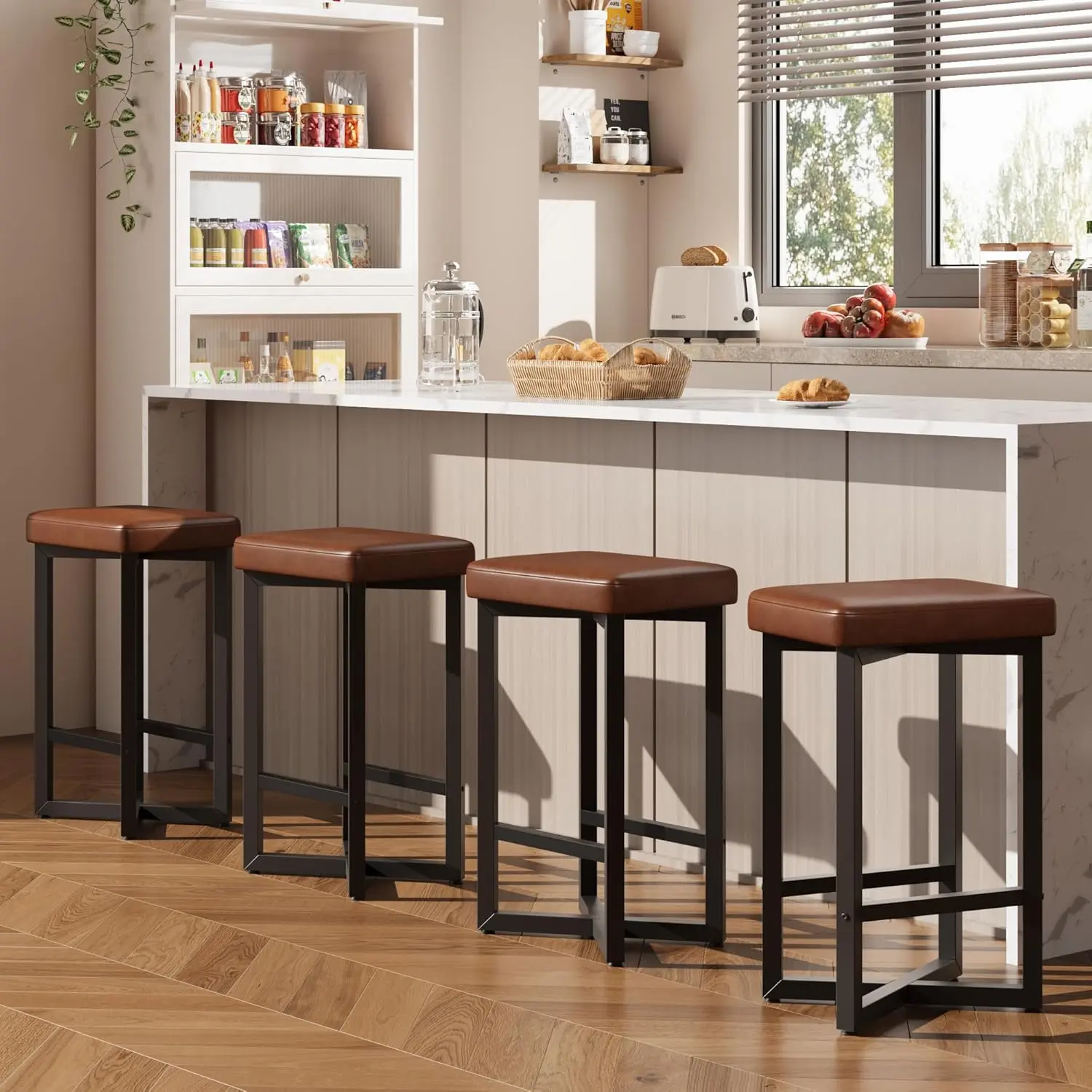 Bar Stools Set of 4 24.6 inch Counter Height Backless Barstools Upholstered PU Leather Seats with Metal X-Frame Footrest Modern Kitchen Stools for Home Bar Dining Room Brown