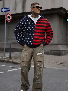Unisex Y2K color-block patchwork jacket; USA star-and-stripes patchwork hooded zip-up sweatshirt; American street-style zip-up hoodie jacket; indie brand streetwear sweatshirt; perfect for everyday casual wear and street style, and a great gift choice.