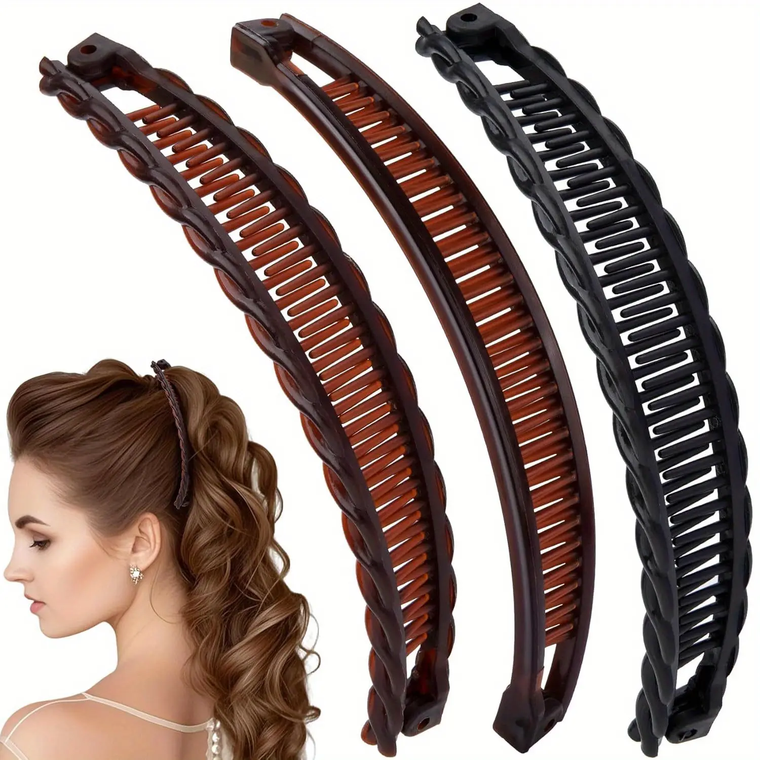 3pcs Women's Large Banana Hair Clips - Vintage Non-Slip Double-Prong Clips, Suitable for Thick Long Curly Hair, Secure and Non-Slip & Gentle on Hair, Coffee Brown and Black, Christmas Gift, Vintage Style, Sturdy and Durable, Holiday Accessories