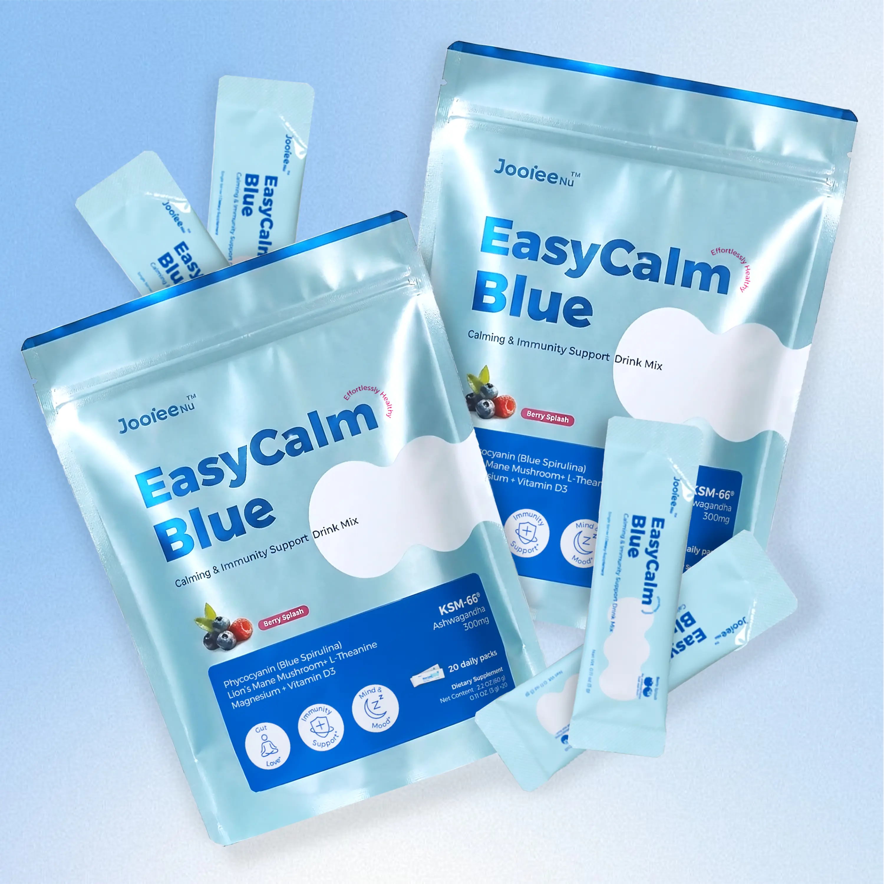 JooieeNu EasyCalm Blue (2-Pack) Natural Calming Drink Mix - Magnesium, KSM-66 Ashwagandha, Blue Spirulina, L-theanine, Lion's Mane, GABA, Vitamin D3 - Supports Cortisol Balance, Mood, Sleep - 40-Serving Travel Packets Dietary Supplement, Natural Ingredien