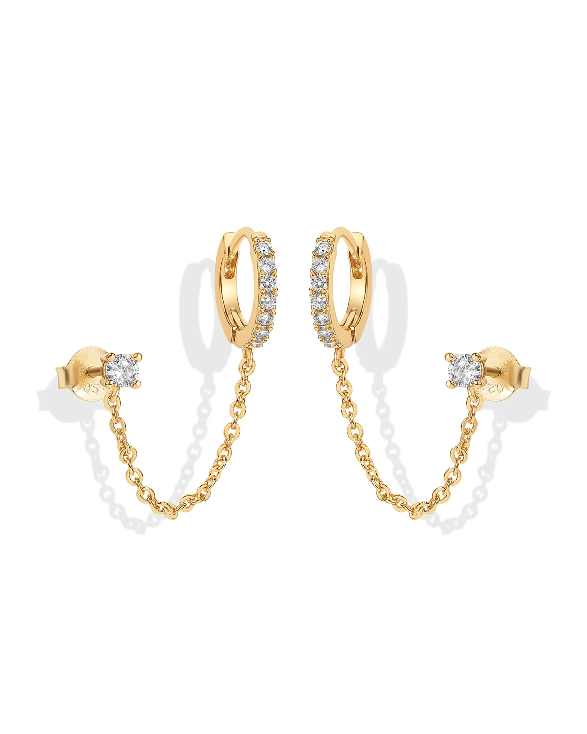 PAVOI 14K Gold Plated Chain Earrings for Women - Double Piercing Dangle Chain Huggie Hoop Earrings - Cubic Zirconia Single Stud Ear Cuff Earrings for Women