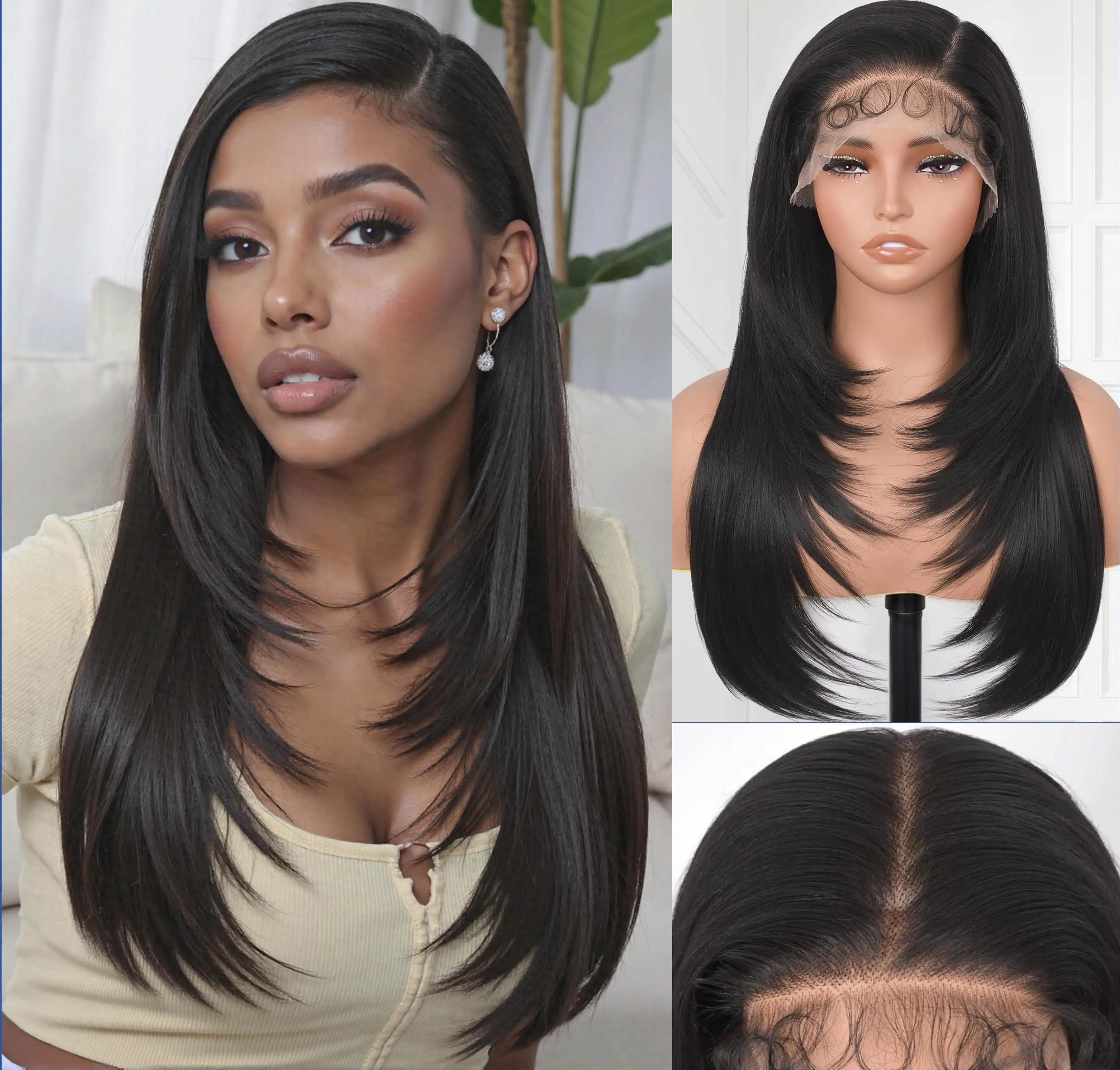 Ourwigs 13x6 Frontal Synthetic Lace Front Wig - Pre-Plucked Yaki Straight Long Hair Wig with Baby Hair, HD Lace, 24 Inch Natural Black Summervibes