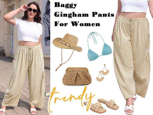 【SS26 Collection】TARSE Womens Wide Leg Gingham Striped Plaid Pants Casual Barrel Loose Drawstring Low Waist Palazzo Harem Pants with Pockets 【SS26 Collection】TARSE Womens Wide Leg Gingham Striped Plaid Pants Casual Barrel Loose Drawstring Low Waist Palazzo Harem Pants with Pockets