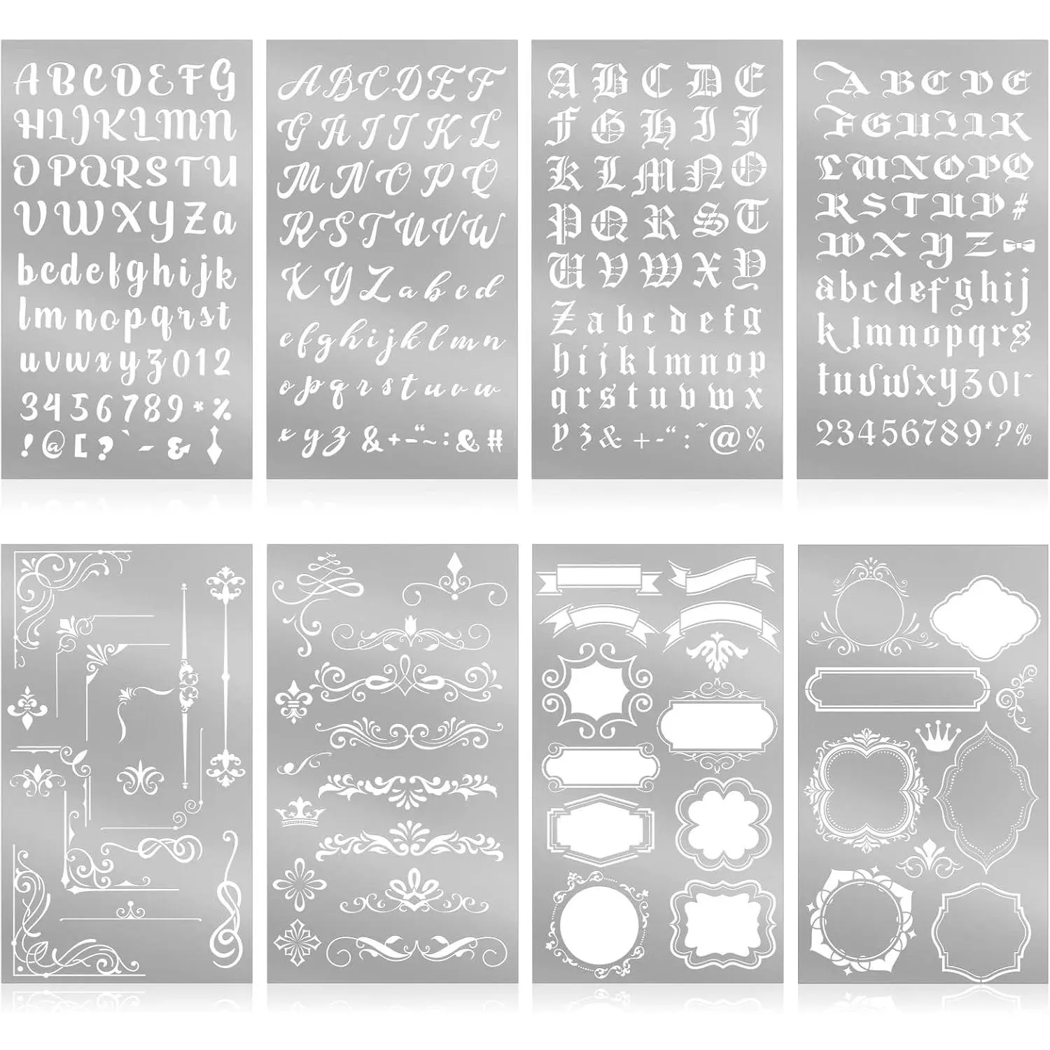 8 Pcs 4 x 7 Inch Metal Letter Number Stencils Stainless Steel Alphabet for Engraving Painting Journaling Bookmark Flower Vines DIY(Stylish Style)