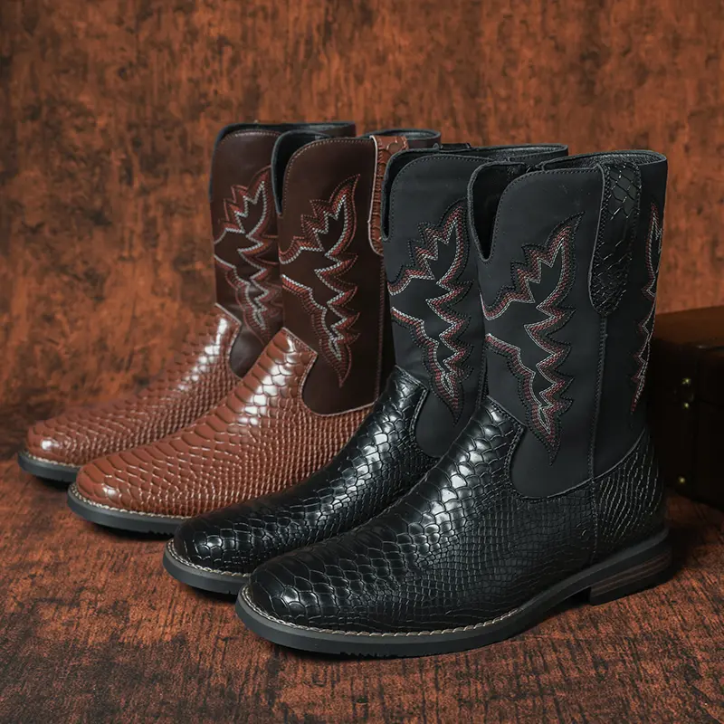 CYUW Classic Embroidered Square-Toe Cowboy Boots, Ultra-Soft Comfortable PU Leather Upper, Wear-Resistant Shock-Absorbing Rubber Outsole, Stylish Western Boots for Men’s Everyday Wear, Shoe, Footwear