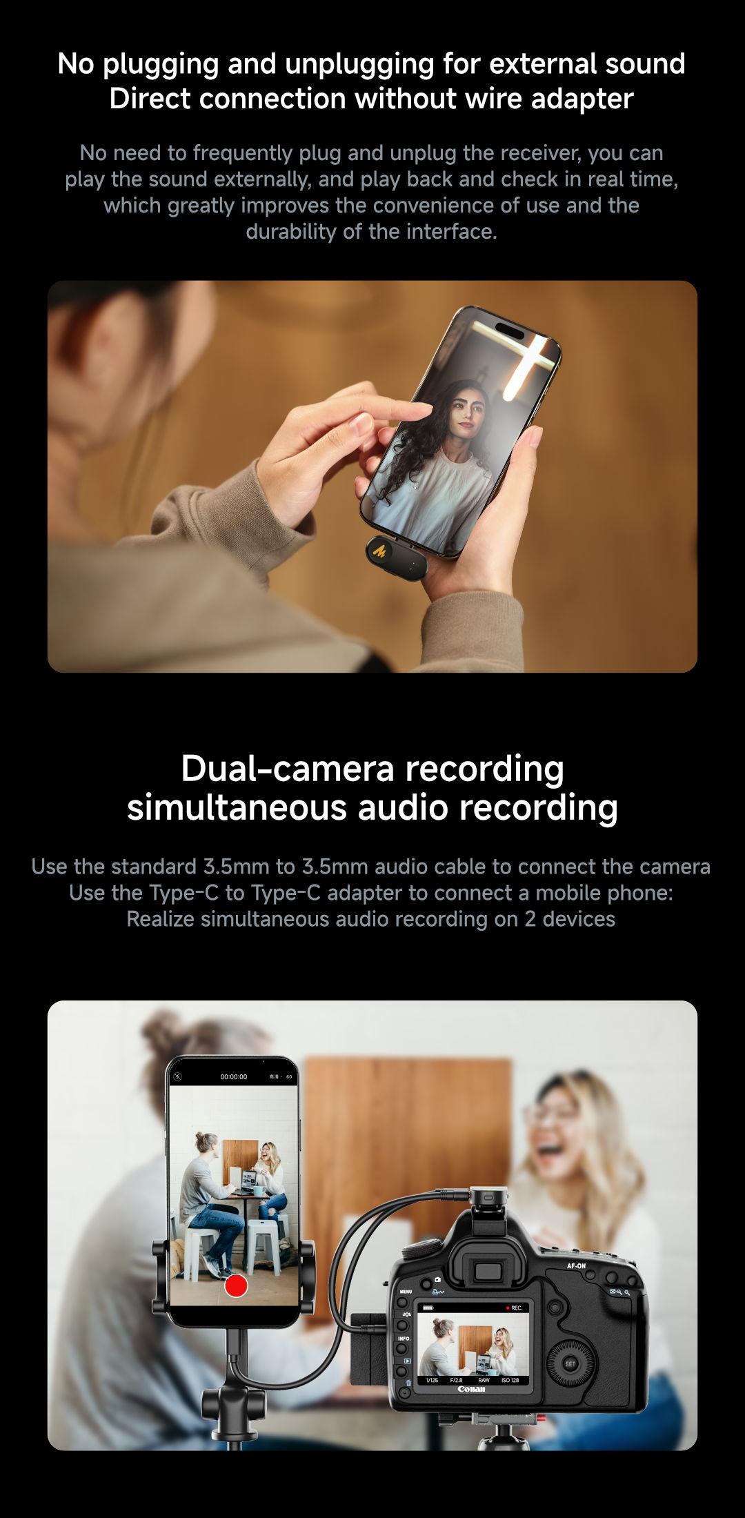 T1 MINI Wireless Lavalier Microphone Adapter for iPhone,  Android smartphones of Lightning and Type-C, 3.5mm Camera, perfect for TikTok, YouTube, Video Vlogging, Audio Recording, interviewing