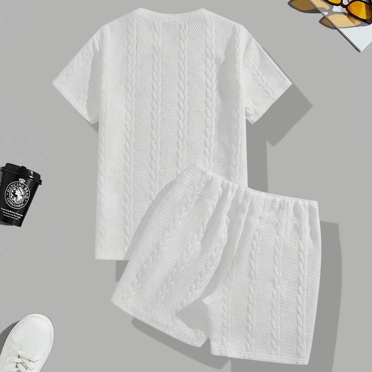Men's Casual Jacquard Short Sleeve Set, Men's Short Sleeve Outfit, Suitable for Casual Wear and Vacation