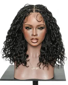 14" Human Hair Curls Swiss HD Full Lace Glueless Boho Box Braided Wig With Drawstring Cap