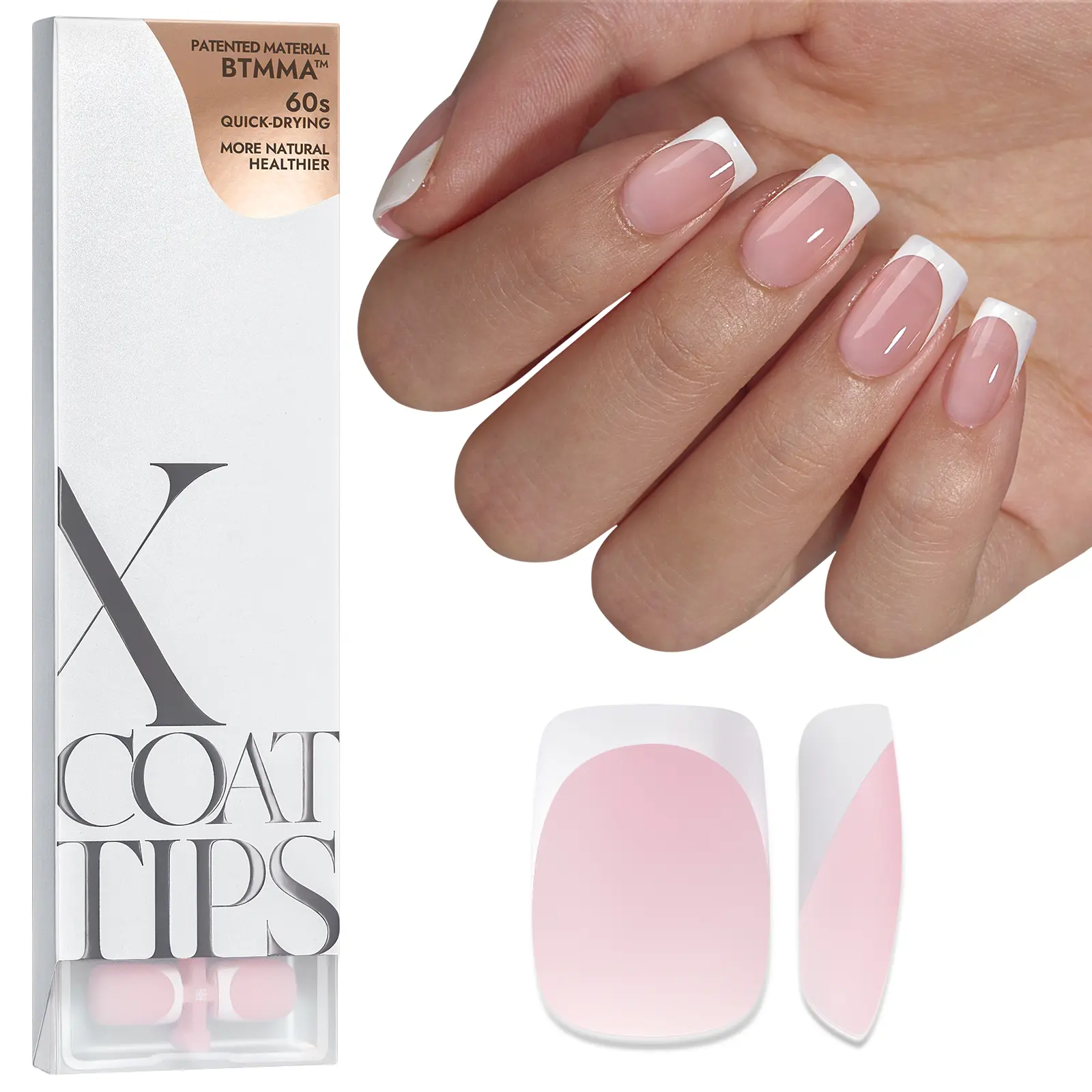 BTArtboxnails XCOATTIPS Press on Nails - 160pcs White french Pink Short Square or Almond or Coffin French Tips, Pink Soft Gel False Nail, Soak Off Acrylic Fake Nails Extensions