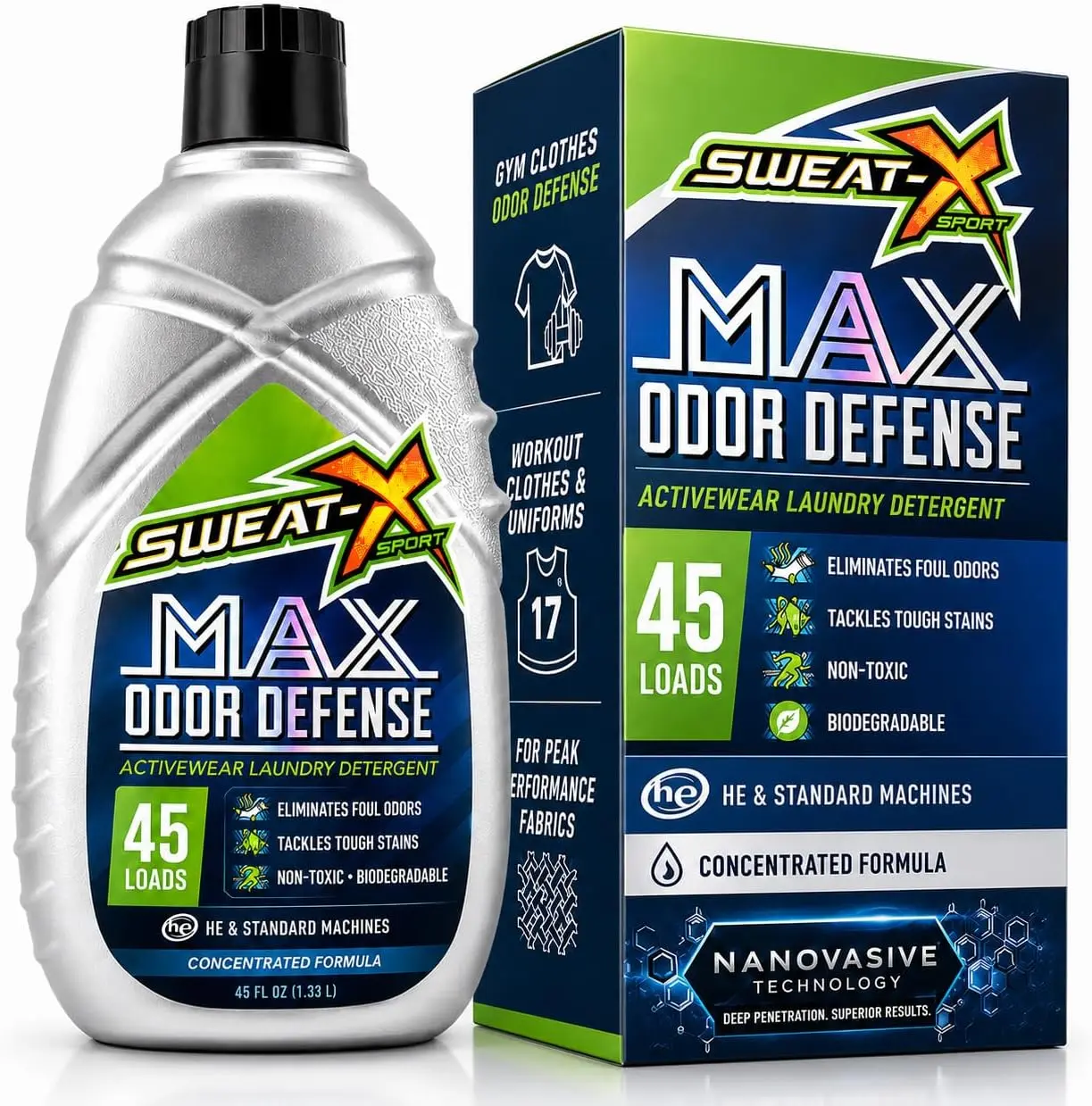 Sweat X Max Odor Non-Toxic Fabric Laundry Detergent - Anti-Static Household Cleaner for Activewear, Gym Clothes - 45 oz Bottle, 45 Fl Oz