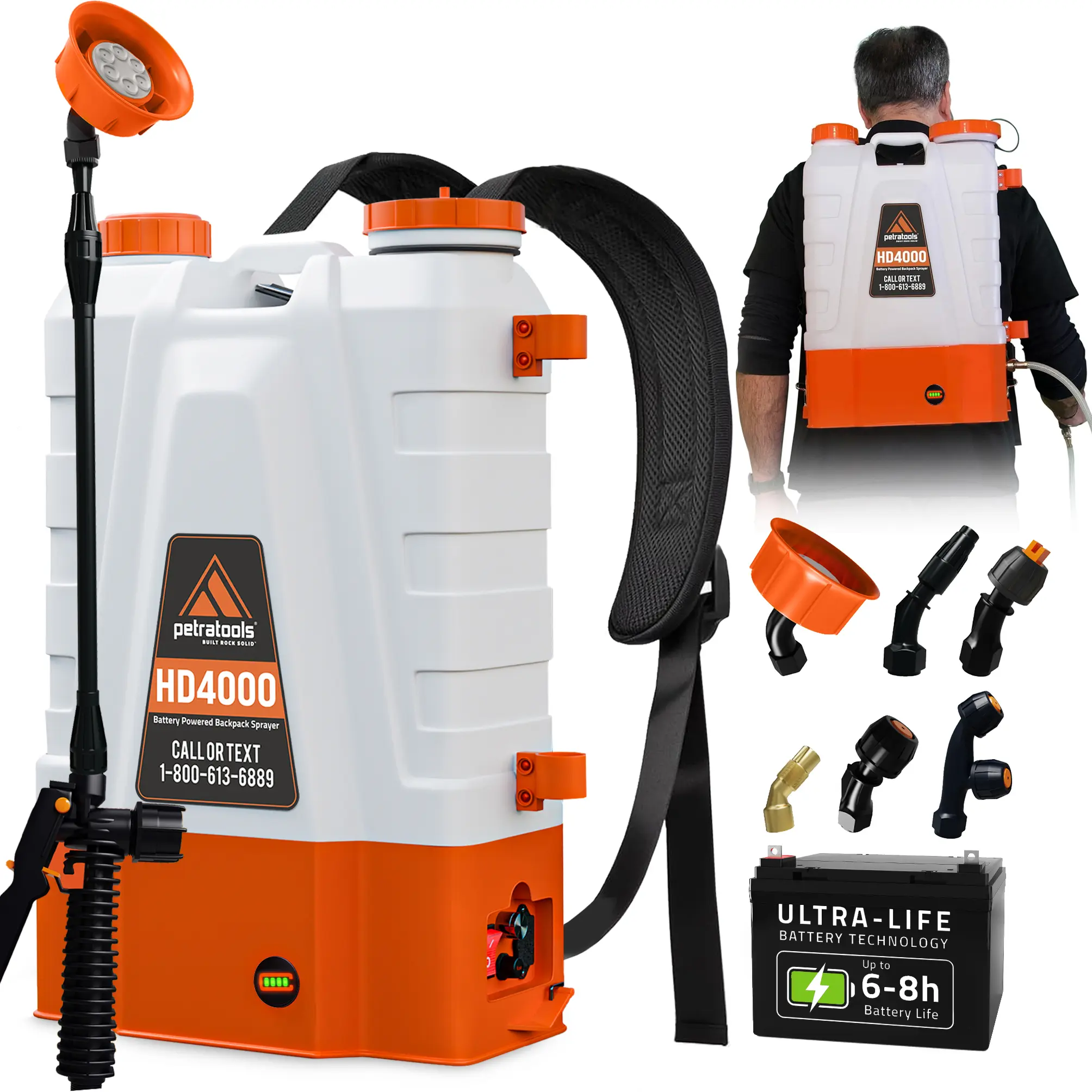 PetraTools Battery Powered Backpack Sprayer 4 Gallon - HD4000 - Electric Lawn and Garden Sprayer with 6 Nozzles, 90 PSI, Rechargeable Battery for Weed and Pest Control