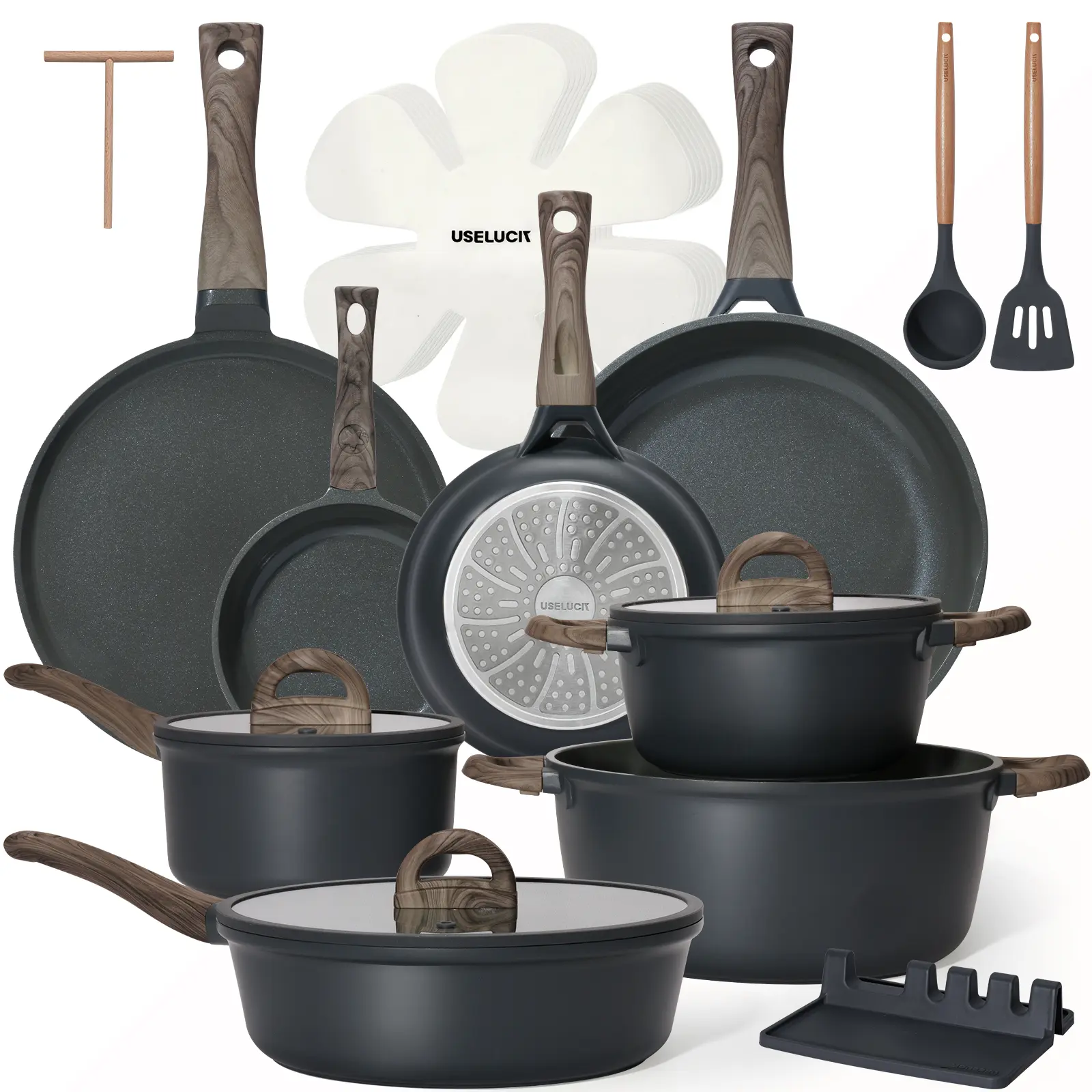 USELUCK 22-Piece Non-Stick Ceramic Pots and Pans Set, Non-Toxic PFOA/PFOS-Free Cream White Granite Stovetop Cookware with Glass Lids, Induction-Compatible Set Including Crepe Frying Pan, Non-Stick Cookware Sets,home essentials
