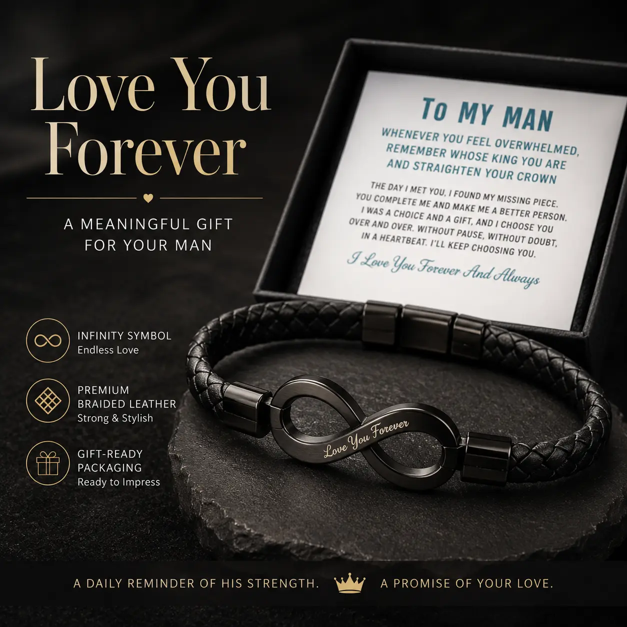Men's Love You Forever Infinity Geometric Bangle - Black Braided Unisex Leather Bracelet with Meaningful Message Card, Everyday Wear Romantic Gift for Husband, Anniversary Birthday Valentine's Day Gift