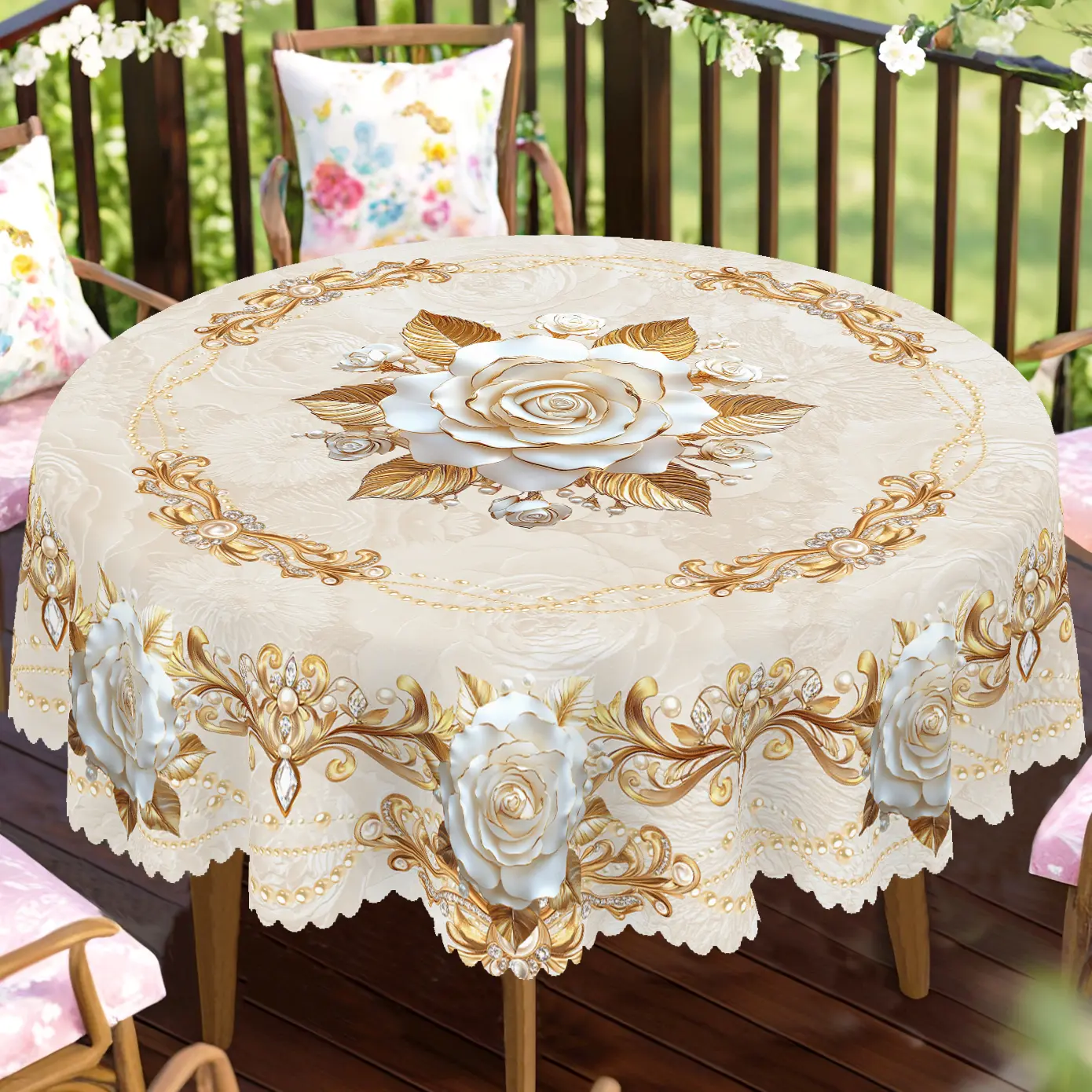 【Back to School】PLUMLIK Elegant Golden Floral Tablecloth, Vintage Flower Pearl Pattern Round Rectangular Table Cover, Bridal Shower Gift, Summervibes Wedding Party Decoration, Holiday Festive Summer Decor, Kitchen Accessories Farmhouse Home Decor, Shabby,