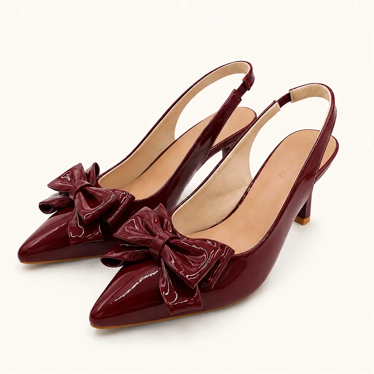 GeeYea women’s Burgundy Patent Slingback Heels, Pointed Toe High Heel Shoes with Bow Detail, Sheepskin Lining & Rubber Sole, Elegant Shoes for Office, Date Night, Party & Wedding Outfits