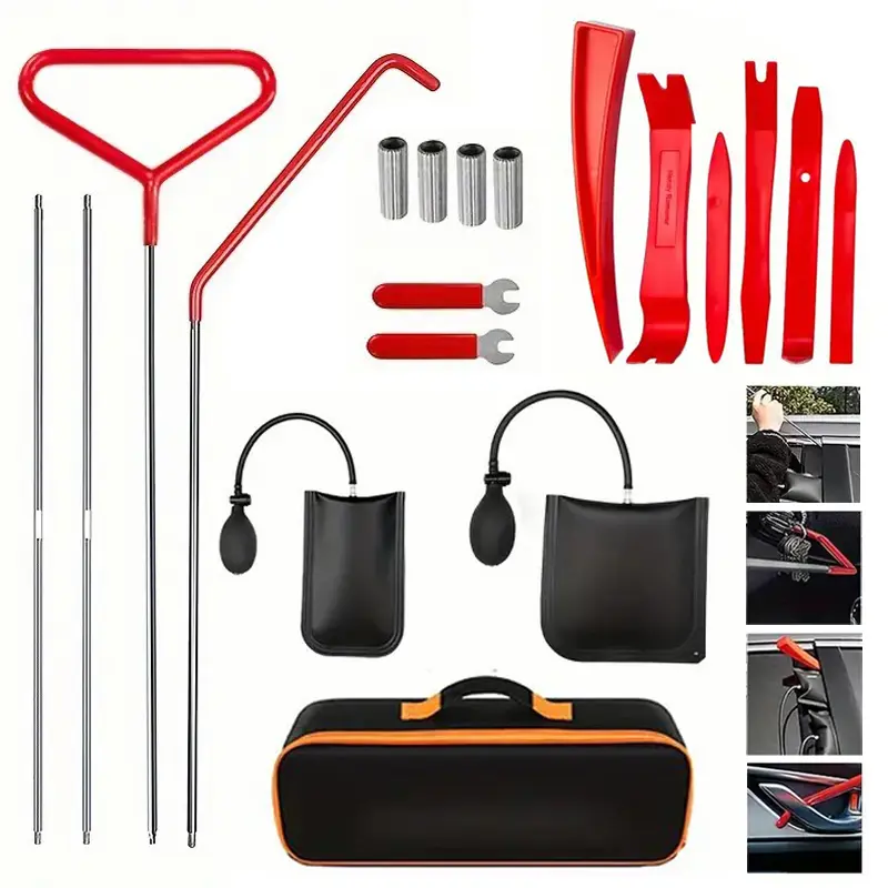 17-Piece Universal Car Emergency Survival Kit - Long Arm Grab Bucket, Air Cushion Bag Pump, Undamaged Wedges, Handbag, Emergency Supplies, Portable Roadside Accessories, Car Body Repair Dad Gift Set, Cars Accessories