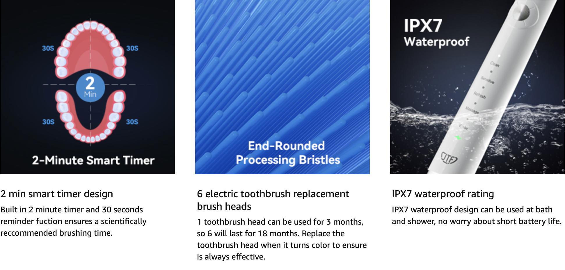 JTF P200 Sonic Electric Toothbrush for Adults - Rechargeable Electric Toothbrushes with 6 Brush Heads & Holder,  1 Charge for 45 Days