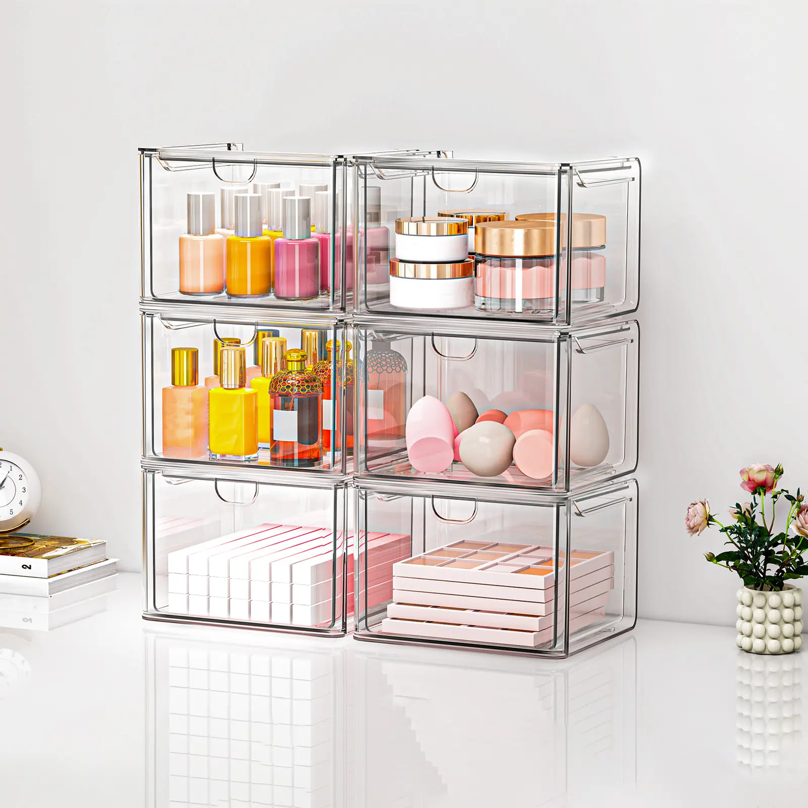 12-Pack Clear Acrylic Stackable Storage Boxes, Multi-Purpose Desktop Organizer for Makeup, Cosmetics & Office Supplies