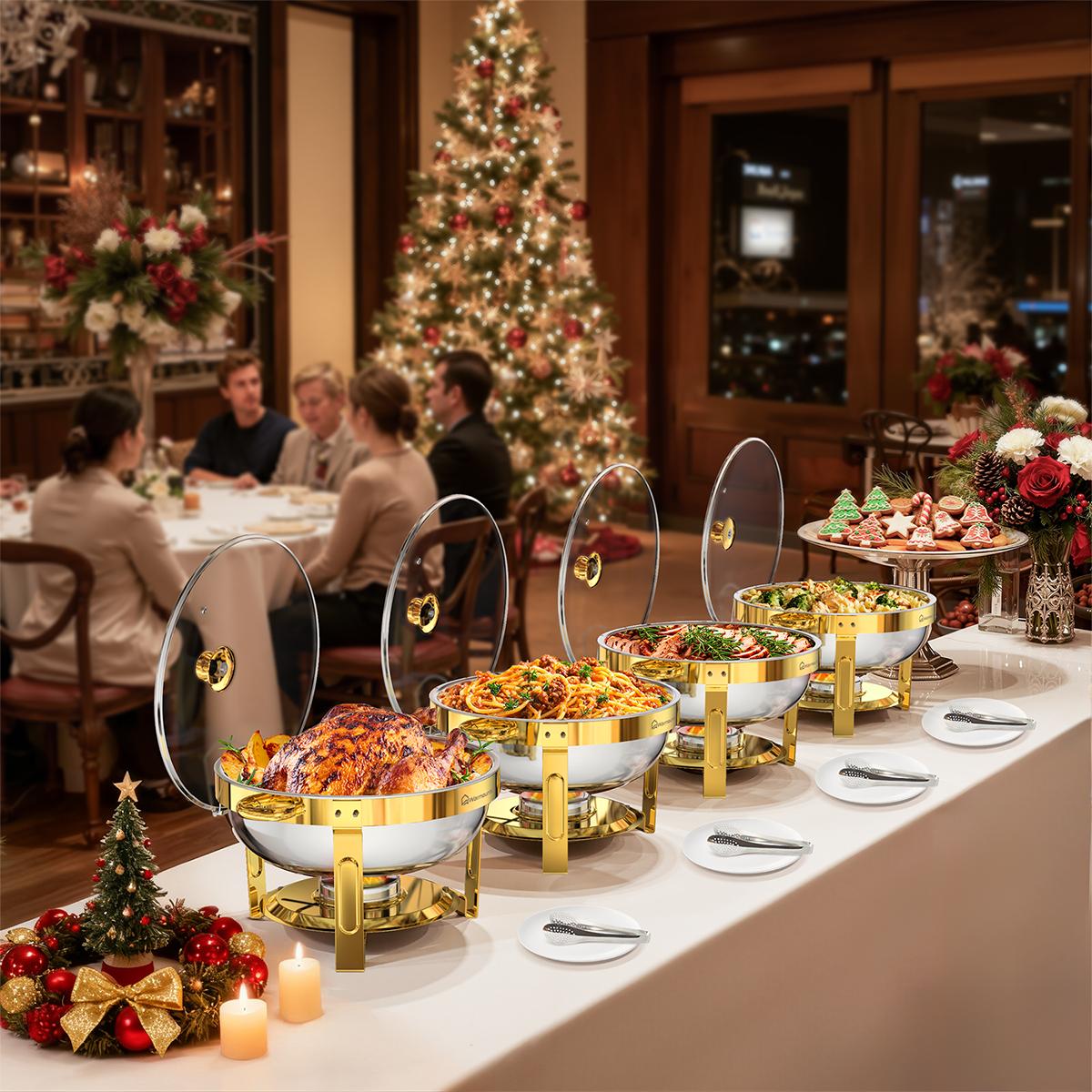 WARMOUNTS 5QT Gold Chafing Dishes for Buffet with Glass Lid, Round Stainless Steel Chafers and Buffet Warmers Sets with Lid Holder, Rolled Edge Design, for Catering Events, Parties, Weddings (2/4Pack)