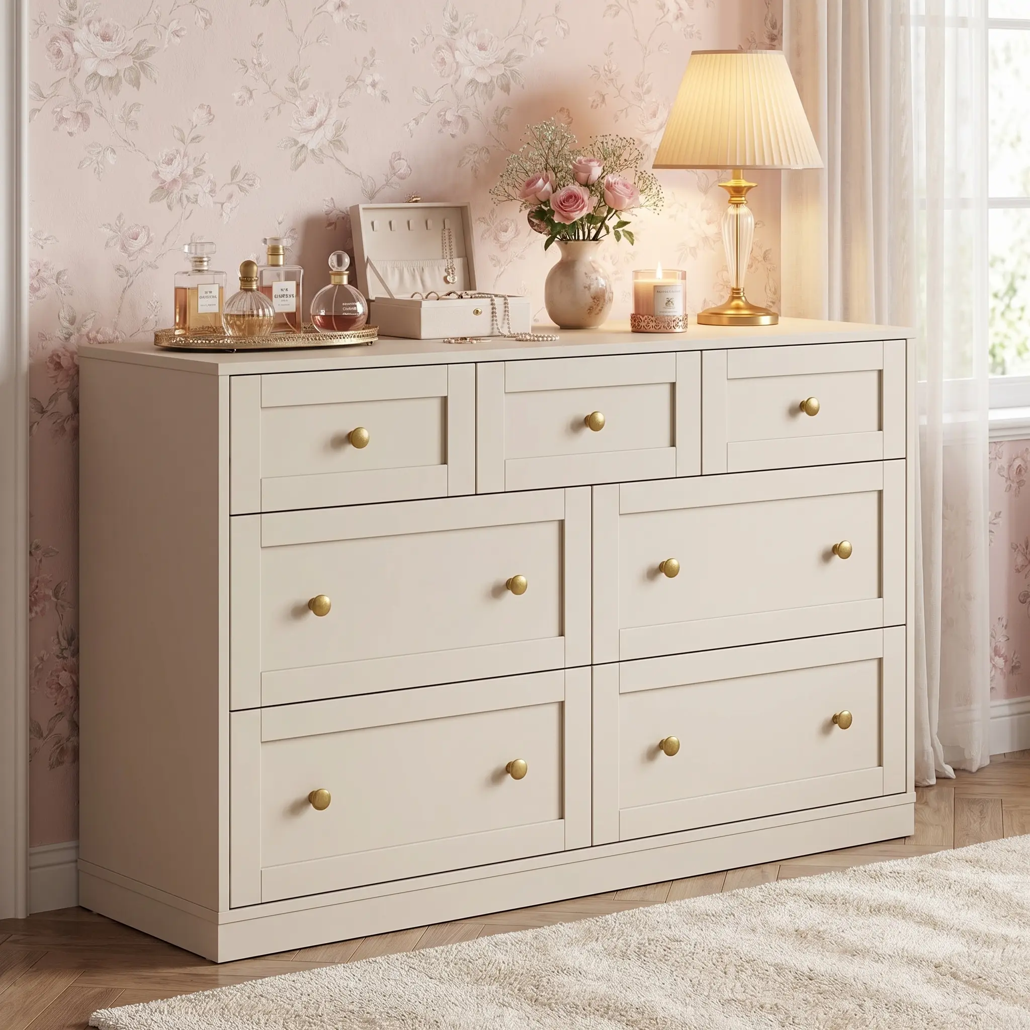【Summervibes】RoyalCraft 3/7/9 Drawer Dresser, 3 Drawer Nightstand with Golden Round Knobs, Large Bedside Table, Modern Wood End Table, Accent Side Table Chest of Drawers for Bedroom, Living Room, Hallway, Closet