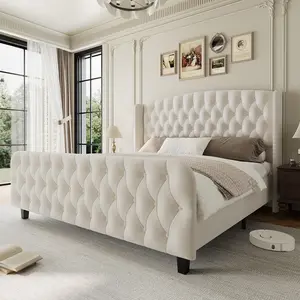 Tall Queen Size Bed Frame with Deep Button Tufted Wingback Headboard and Footboard, Velvet Upholstered Platform Bed Frame, No Box Spring Needed,Cream