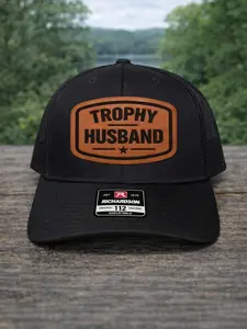Trophy Husband Trucker Hat – Funny Valentine’s Gift for Husband, Leather Patch Snapback Cap, Mesh Back Casual Hat for Men