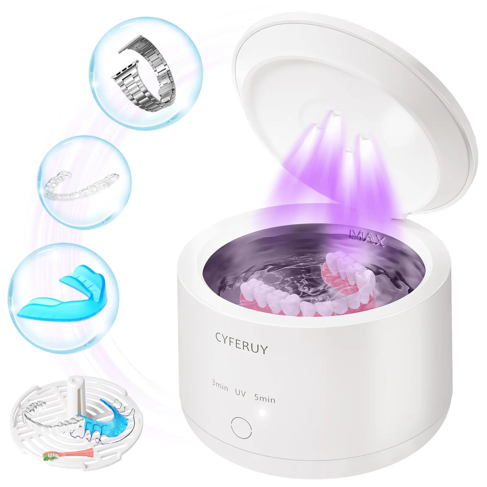 Ultrasonic Cleaner - 24W 45kHz Retainer Cleaner Machine Dental Cleaning Pod for Dentures, Mouth Guard, Night Guard, Toothbrush Heads, Jewelry with 3 Modes & 160ML Capacity Home Bathroom Sterilizer Wireless
