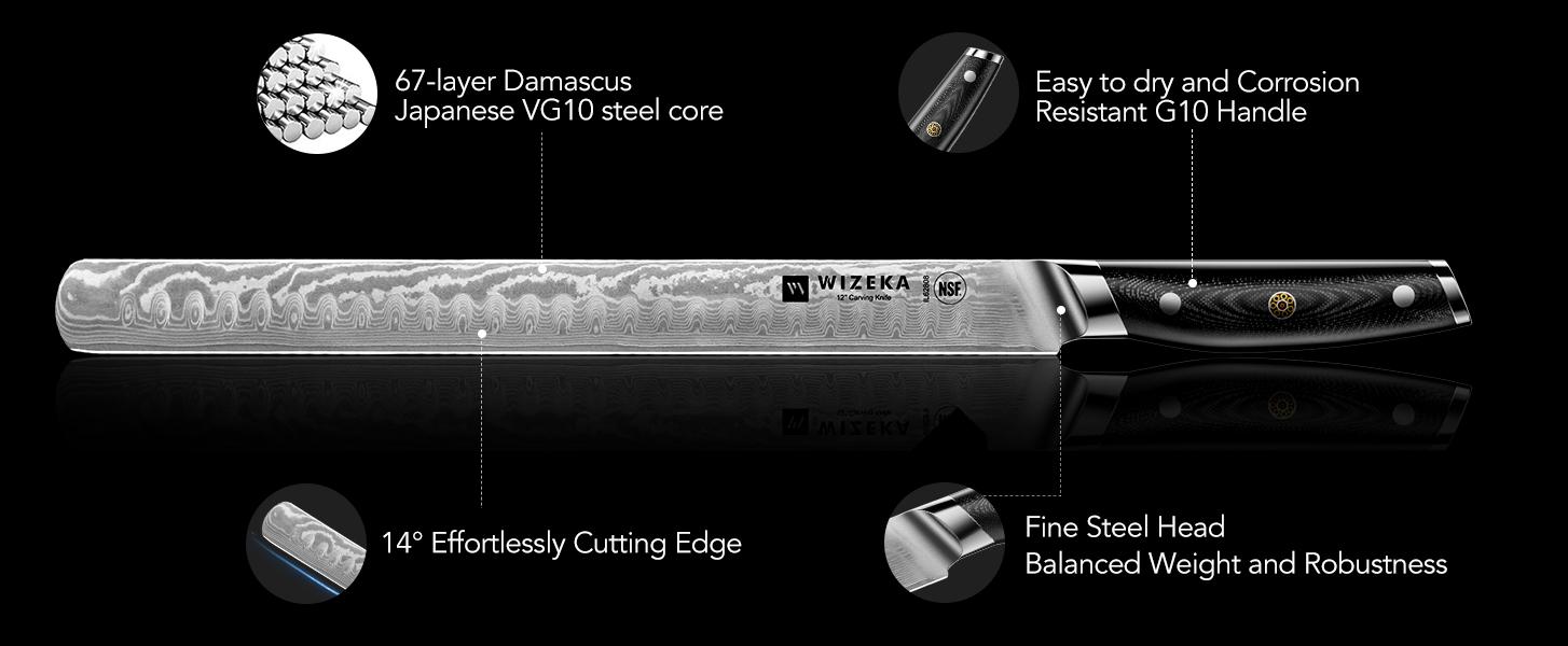 WIZEKA Brisket Knife,Ultra Sharp 12 Inch Damascus Slicing knife，Full Tang Carving Knife for Meat Cutting with G10 Handle，BBQ Knife，Great for Slicing Roasts, Meats, Fruits