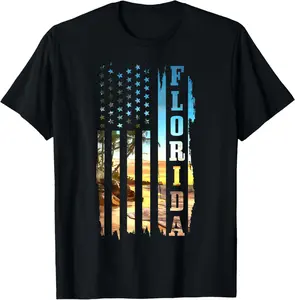 Florida American Flag Pride Beach Surfer T-Shirt Pure Cotton Graphic Tees Menswear Top: Gifts for Men & Women