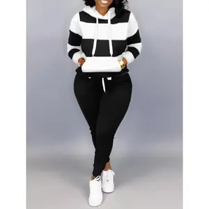 Plus Size Casual Outfits Two Piece Set, Women's Plus Colorblock Stripe Print Long Sleeve Drawstring Hoodie Sweatshirt & Joggers Outfits 2 Piece Set