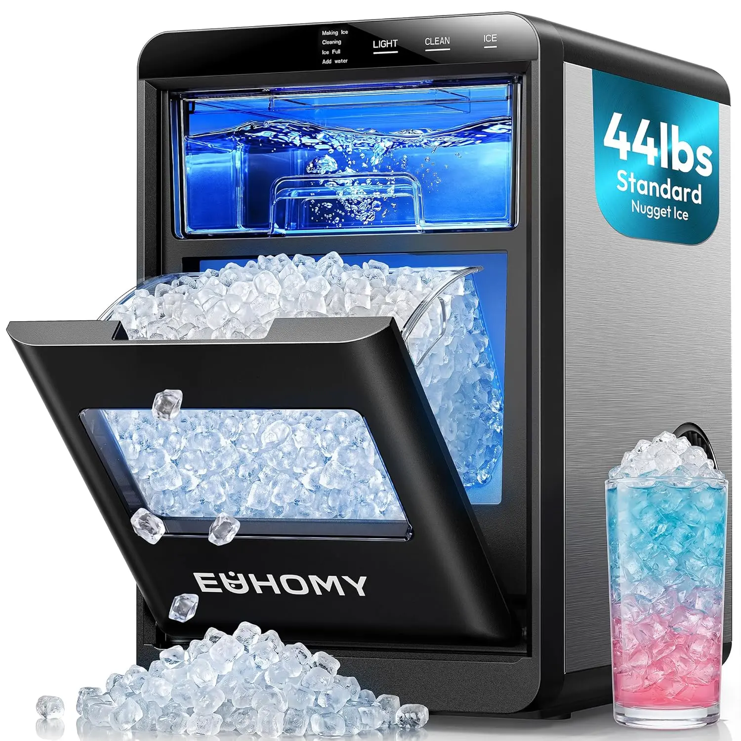 EUHOMY Nugget Ice Maker Countertop, 35Lbs/24H&44Lbs/24H Pebble Ice Maker Machine, Self-Cleaning Pellet Ice Machine with Ice Scoop&basket, Sonic Countertop Ice Machine for Home/Kitchen/Office(Black)