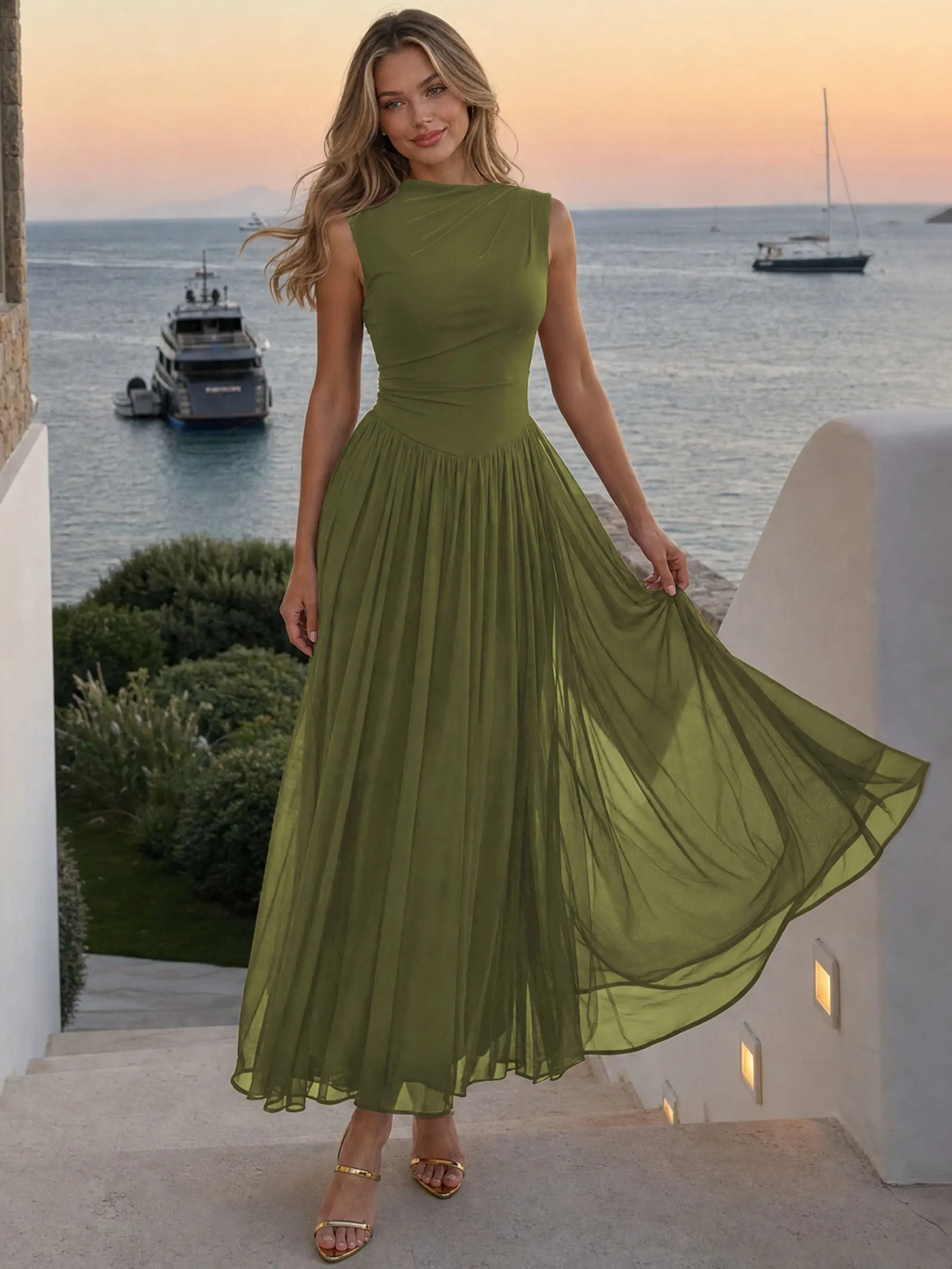 AISIZE A5601 Women Mesh Sleeveless Mock Neck Ruched Waist Elegant Casual Dress | Soft stretch mesh formal dress, ruched waist & flowy silhouette. Great for vacation, brunch, parties & daily elegant looks Womenswear Olive Green