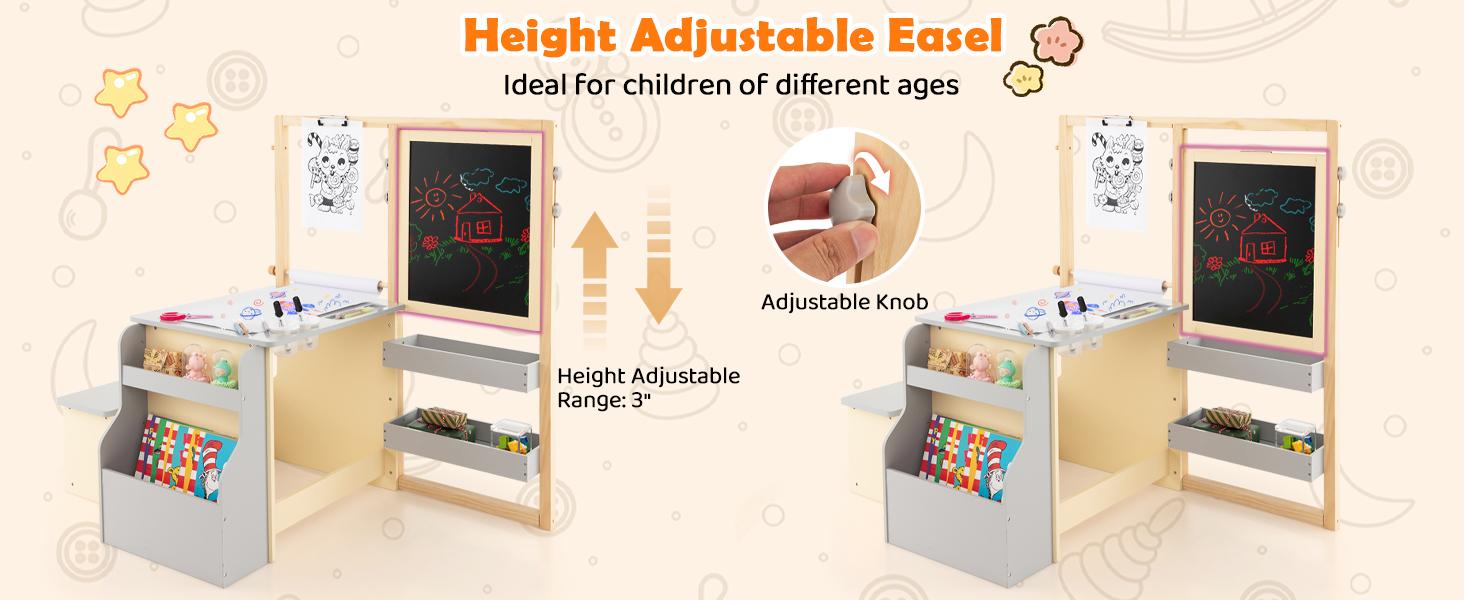 Costzon Easel for Kids, Wooden Art Center with Double-Sided Blackboard & Whiteboard, Paper Roll for Drawing, Crafts, Writing, Toddler Activity Table with Storage, Kids Table and Chair Set