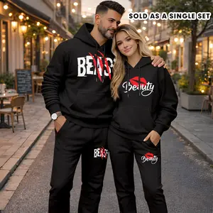 Couple's “Beast” and “Beauty” Print Hoodie and Sweatpants Set (Sold as a Single Set), Casual Sportswear, Long-Sleeve Hooded Jacket and Pants, Suitable for Autumn, Winter, and Spring, Everyday Wear, Tracksuit