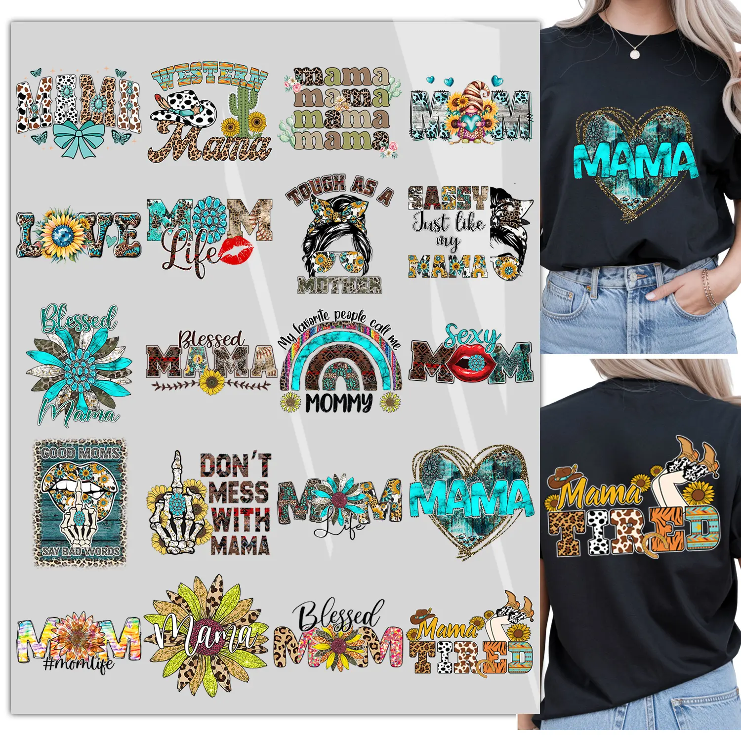 20pcs Mother’s Day DTF Transfers for DIY Apparel – 20 Mom Mama Designs – Heat Press Iron On for Shirts, Bags & Pillows