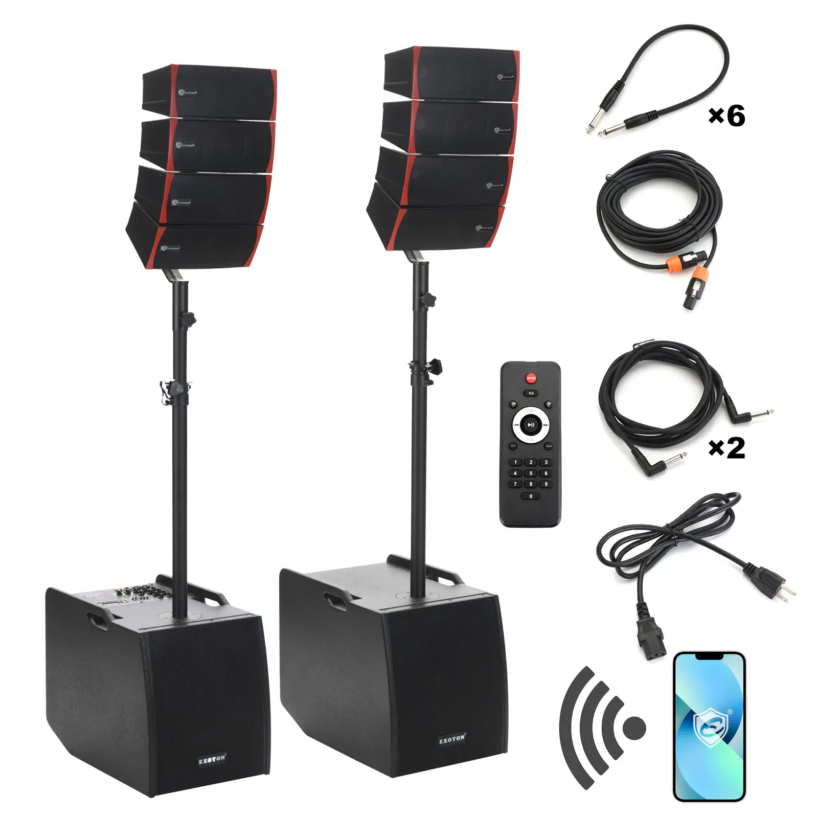 EXOTON LVP-212 12-in Active Line Array Audio System, 3000W Professional Bluetooth PA Speaker with 2 Subwoofers & 8 Line Array Units, USB/SD Card, Remote Control, 5-Band EQ, Adjustable Wood Subwoofer for Smartphone, Android & MP3 Devices, Watts