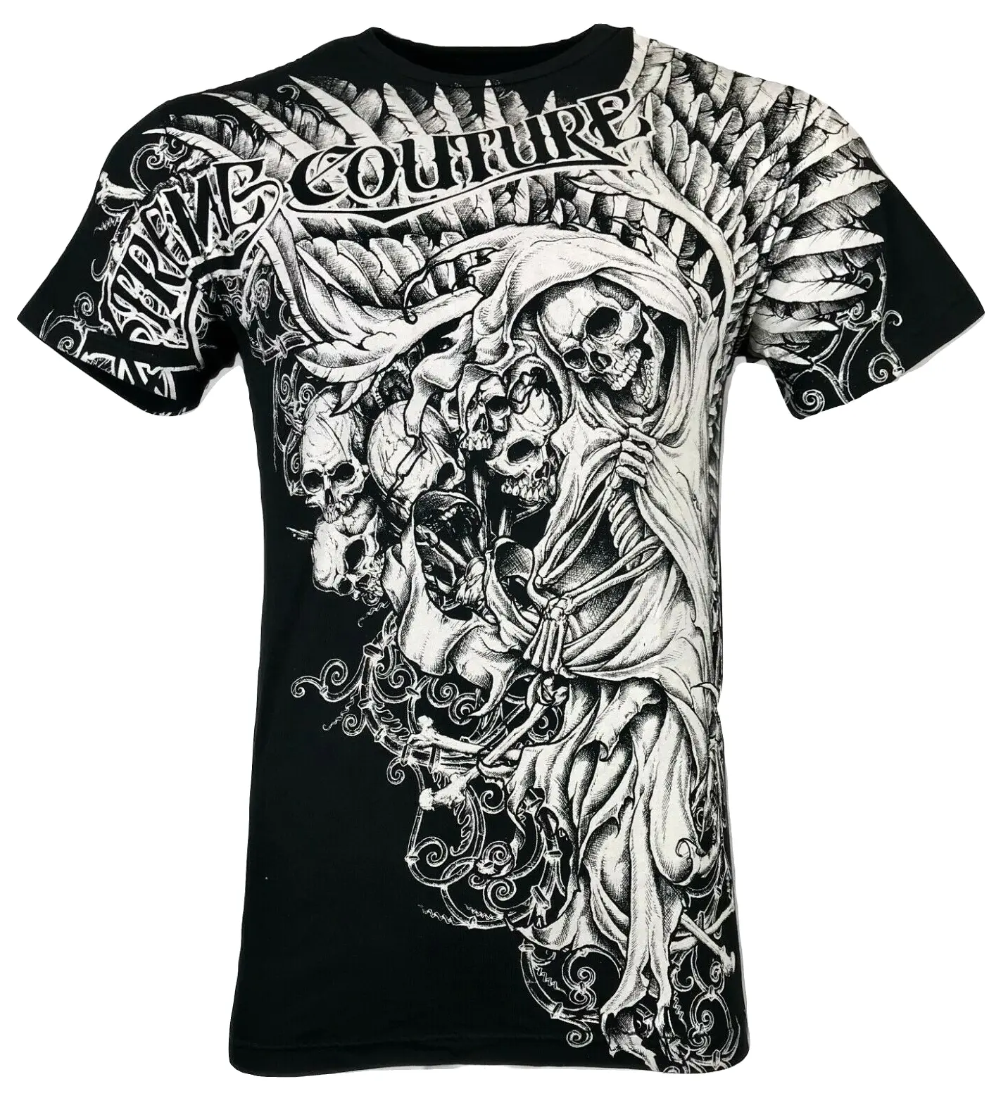 XTREME COUTURE by AFFLICTION Men's Cotton Biker Tshirt - Short-Sleeve, Round Neck, Nemesis Skulls Print, Streetwear Top, Menswear Essential, S-5XL Sizes, Fitted Cut