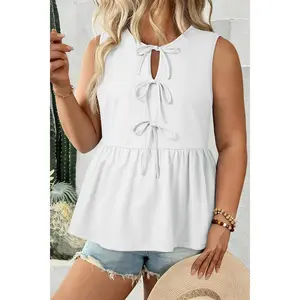 White Plus Size Solid Color Bow Tie Peplum Tank Top