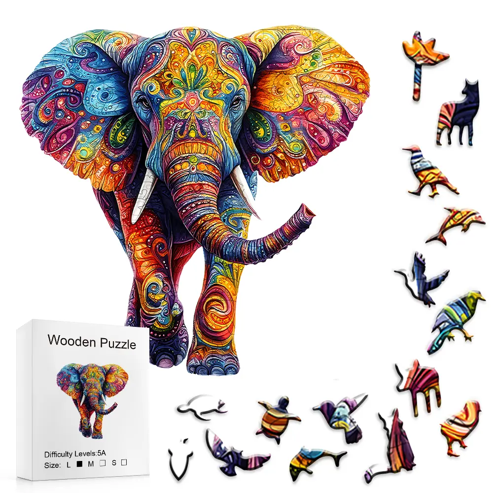Viral Mandala Colorful Elephant Unisex Solid Wood Jigsaw Puzzle | 5A High-Difficulty S/M/L Sizes, Irregular Animal Pieces, Stress Reliever, Exotic Vibe Home Decor & Family Gift