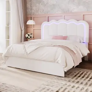 MUTIOCR Velvet Upholstered Bed Frame with Smart LED Lights Large Storage Drawer Adjustable Wavy Headboard No Box Spring Needed Twin Full Queen Sizes White Black Cream Pink