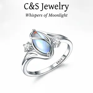 S925 sterling silver ring, ladies' moonstone ring, cubic zirconia embellishment ring, single gemstone declaration ring Elegant Ring Bridal Engagement Ring