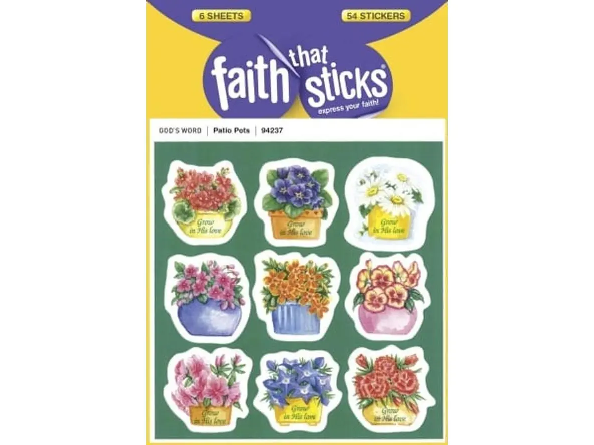 Tyndale House Publishers 103771 Vibrant Patio Pots Stickers - 6 Sheets, 54 1.25x1.25in CPC Primary Certified for Children, Crafts Supplies for Boys and Girls, Decorate Notes & Placecards, Encouragement to Grow in His Love