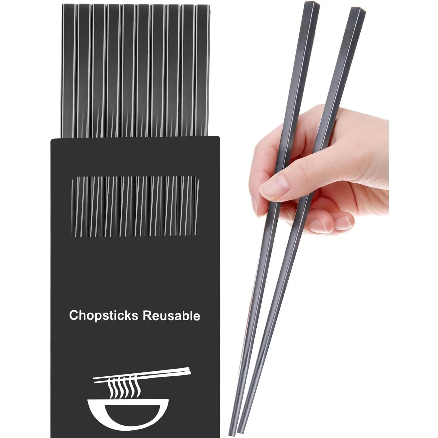 9.5 Inch Fiberglass Reusable Chopsticks Set (5 Pairs) - Kitchenware Cutlery, Dishwasher Safe, Non-Slip, Easy to Use for Chinese Cuisine, Eating Noodles, Dinner Party Tableware (Colorful or Pure Black)