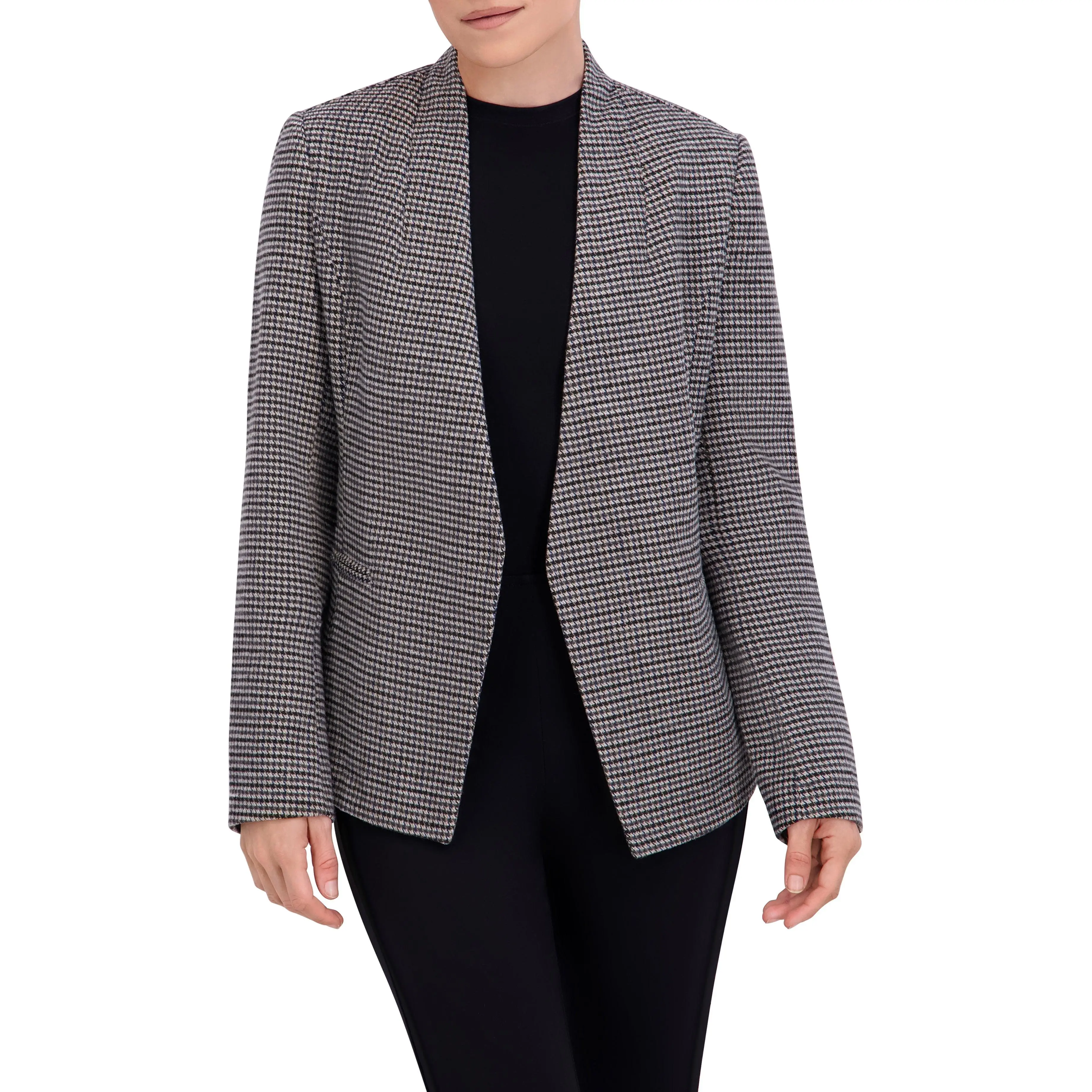 Collarless Open Front Menswear Plaid Unlined Blazer