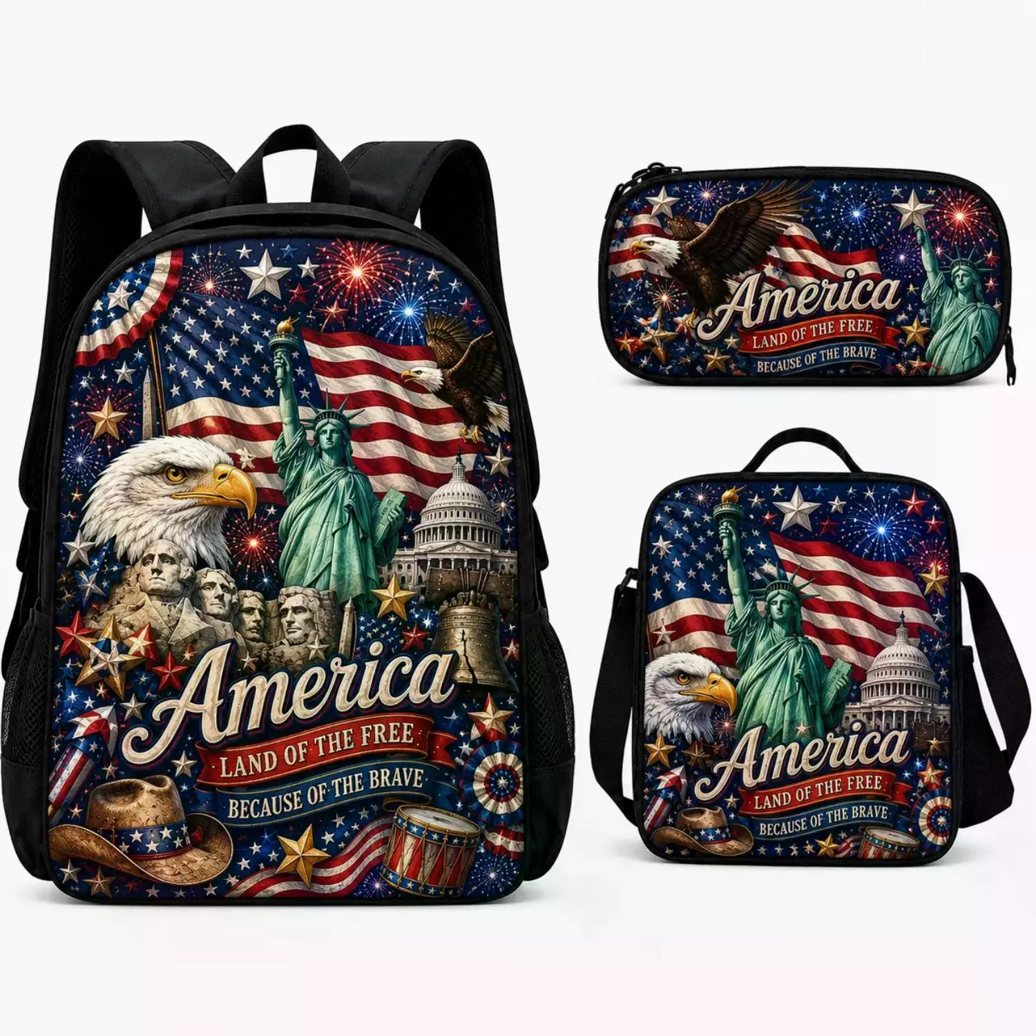 3-Piece Patriotic Kids Backpack Set for Boys and Girls, Featuring the USA Flag, Eagle, and Statue of Liberty - Includes School Backpack, Lunch Bag, and Pencil Case - Lightweight Back-to-School Travel Gift for Elementary and Middle School Students