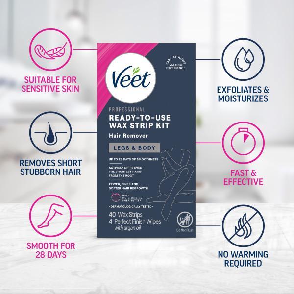 Veet Ready-to-Use Dermatologically Tested 2-sided 20 Strips Hair Remover Wax Strip Kit for Legs & Body Waxing Set