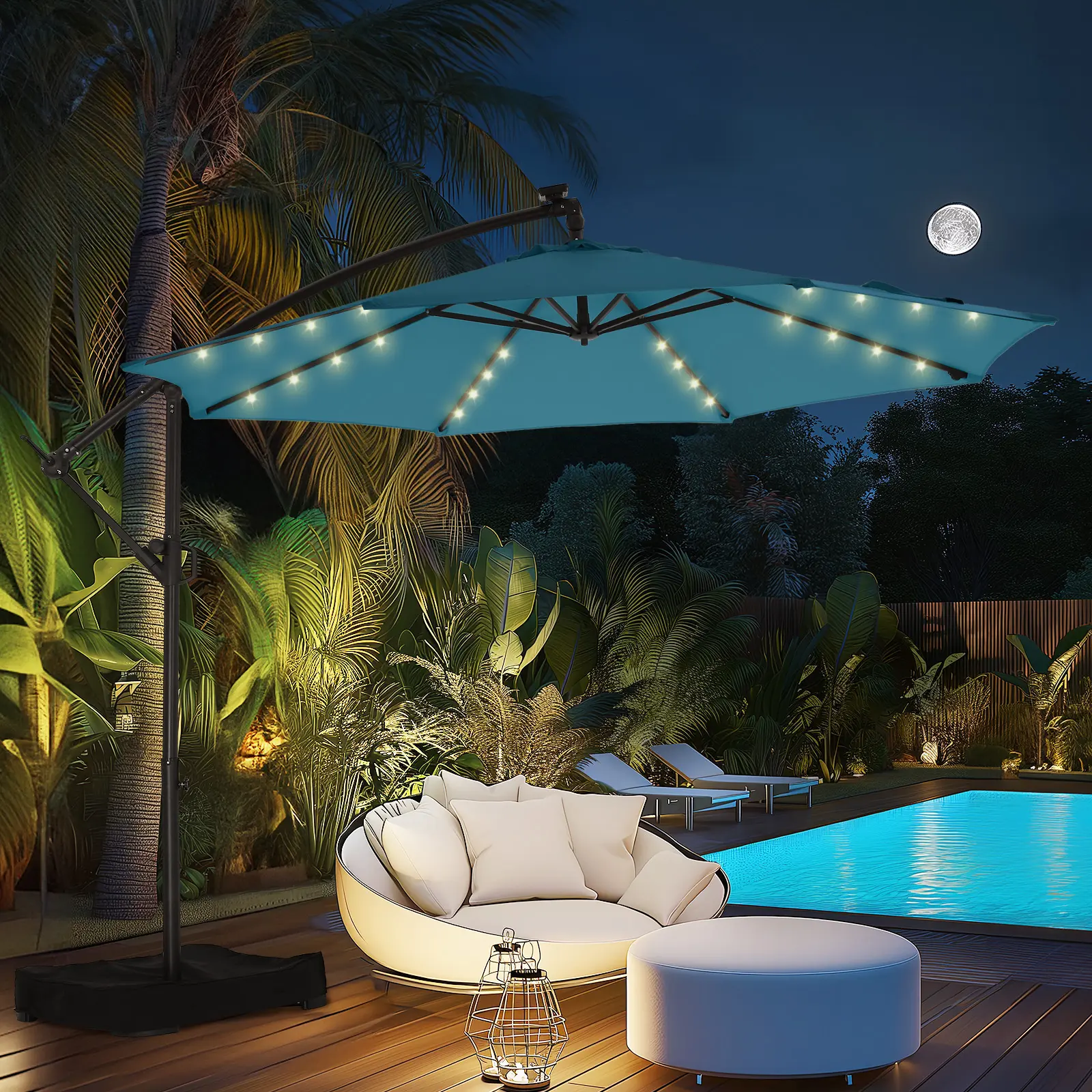 10ft Solar Powered Offset Outdoor Patio Umbrella with Base, LED Lighting, Easy Adjustable Tilt & Crank, UPF50+ UV Protection, Heavy Duty Outdoor Shade Canopy for Garden, Patio Decor