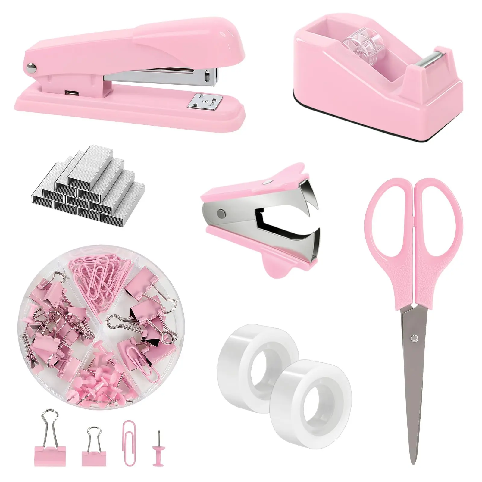 SKYDUE Pink Multifunctional Home Office Stationery Set - Office Accessories, Desk Accessories, Girly College School Supplies, Teacher Stuff, Space-Saver, Includes Stapler, Tape Dispenser, Scissors, Clips, 1000pcs Staples, Ideal for Women, Birthdays